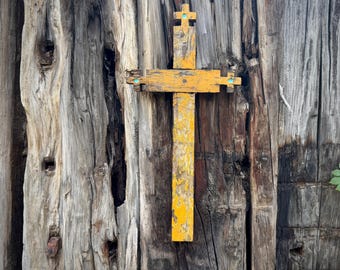 New Mexico Catholic Folk Art Painted Wood Cross Wall Hanging 15" Tall