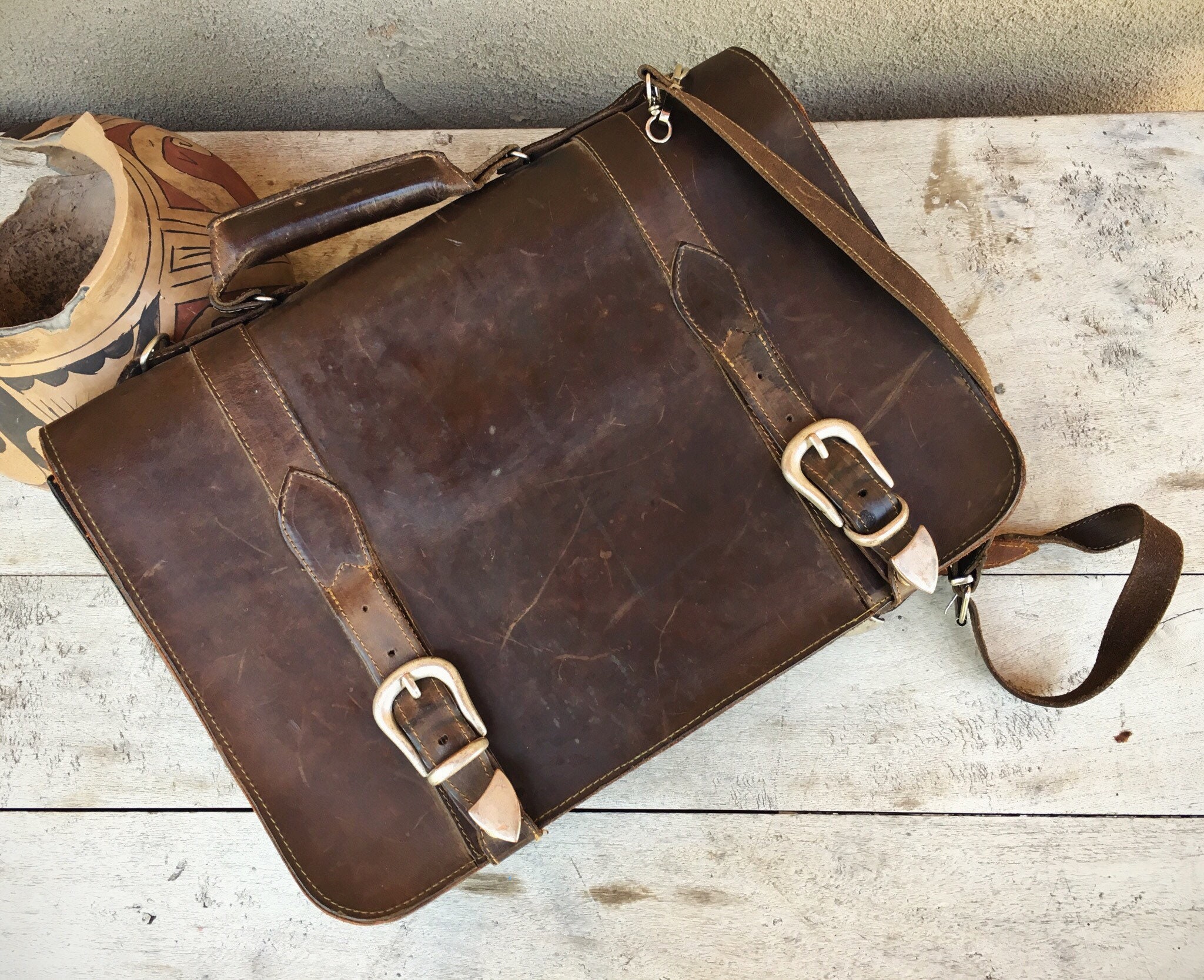 Vintage Brown Leather Messenger Bag for Men Shoulder Bag Distressed