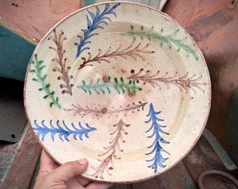 Vintage Handmade Clay Bowl Three-Color Ware Approx 11", Rustic Bohemian Decor Eclectic