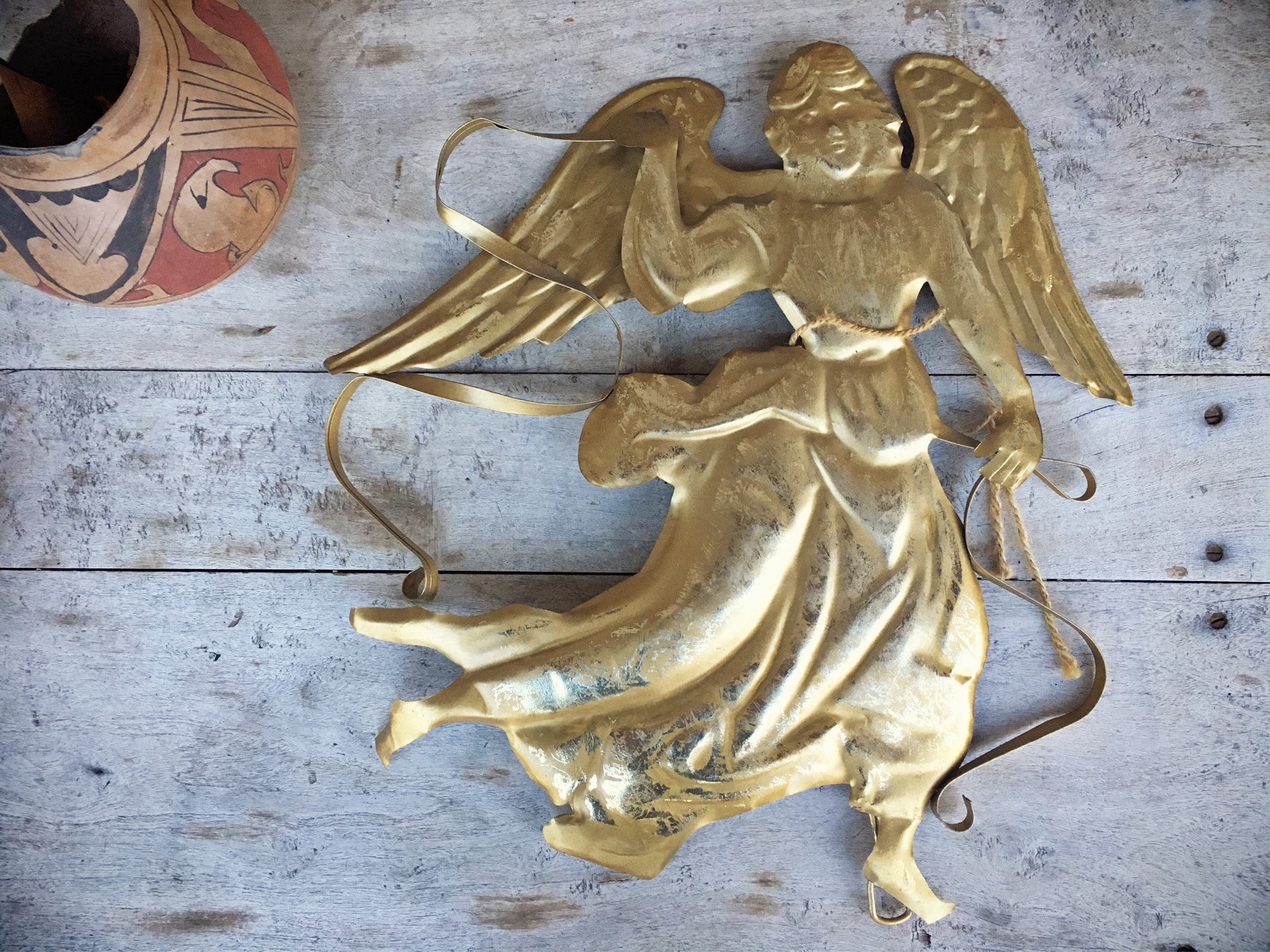 Large Metal Angel Wall Hanging, Golden Angel Wall Decor, Christmas