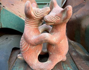 Large Vintage Mexican Pottery Dancing Dogs Statue Approx 12", Colima Pre-Colombian Style Folk Art