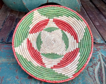 Shallow Woven Basket Rust and Green Colors, Southwestern Decor, Native Style Weaving, Gallery Wall Hanging, Eclectic Bohemian Organic Home