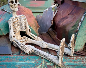 33" Carved Wooden Skeleton Sculpture Articulating Body, Mexican Folk Art, Day of Dead