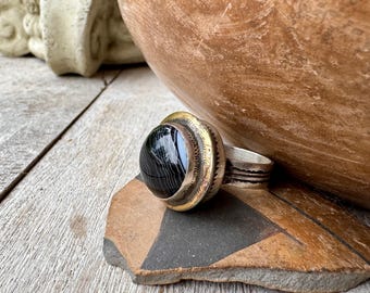 Tuareg Ring Approx Size 9.25 Possibly Black Banded Agate, Brass Silver Mixed Metal