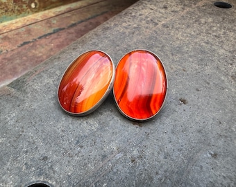 Vintage Post Earrings Aspen Artisan Jim Hayes, Red Silk Agate or Carnelian, Large Oval Shape