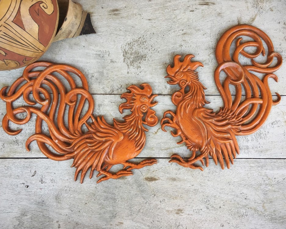 Pair of Mid Century Metal Rooster Wall Plaques Painted Orange by Vermay