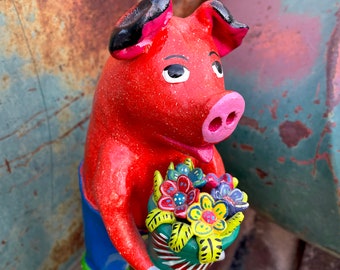 Vintage Mexican Pottery Pig with Basket Folk Art Sculpture by Gerardo Ortega, Barro Betus Ceramics