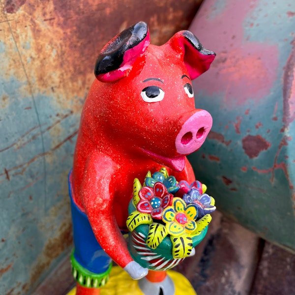Vintage Mexican Pottery Pig with Basket Folk Art Sculpture by Gerardo Ortega, Barro Betus, Ceramic Hog Gifts, Southwestern Bohemian Decor