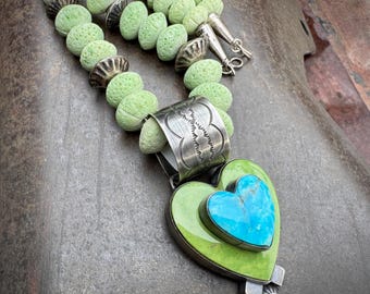 Gary G. Sanchez Heart Pendant on Pale Green Coral Silver Bead Necklace Approx 21”