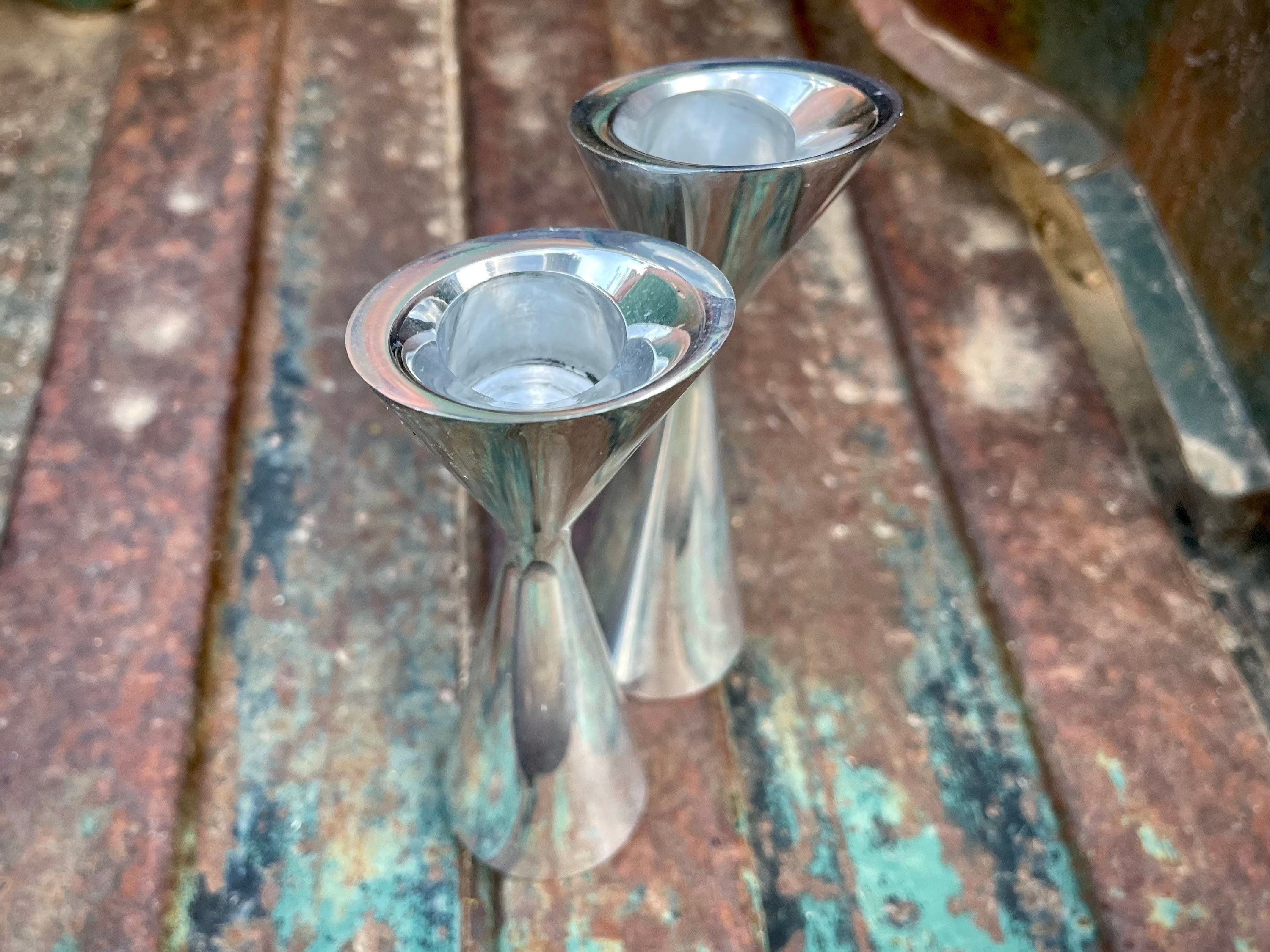 Pair Small 51/2 Tall Vintage Nambe Tapered Candlestick Holders Silver