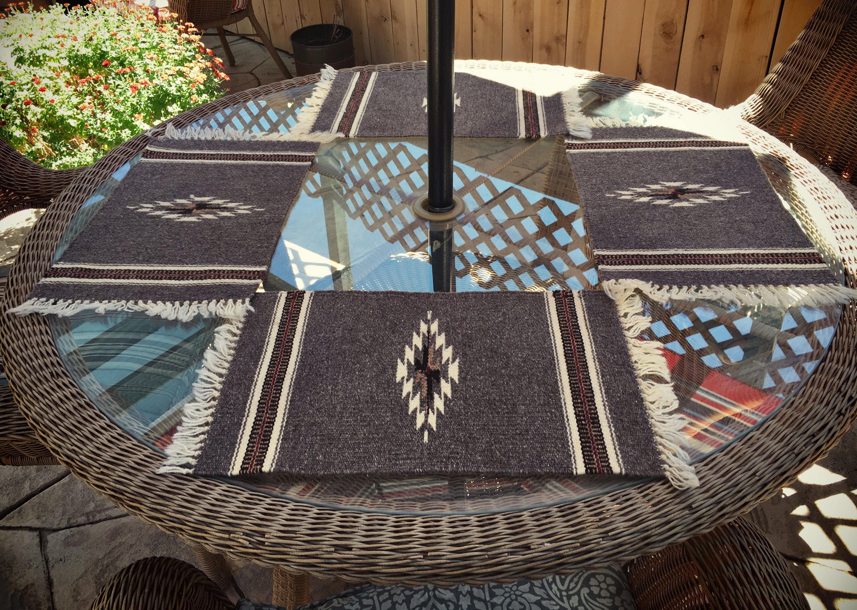 Vintage 11 x 18 handwoven wool place mat Southwestern decor Chimayo