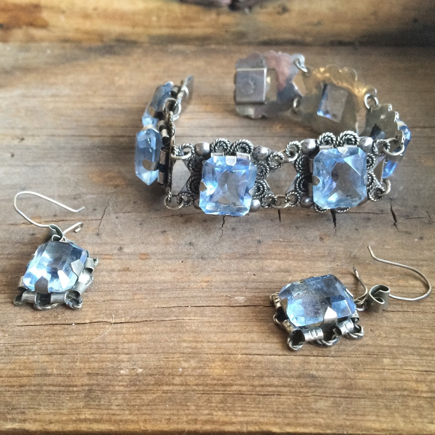 Vintage Mexican link bracelet and earring set Alpaca silver