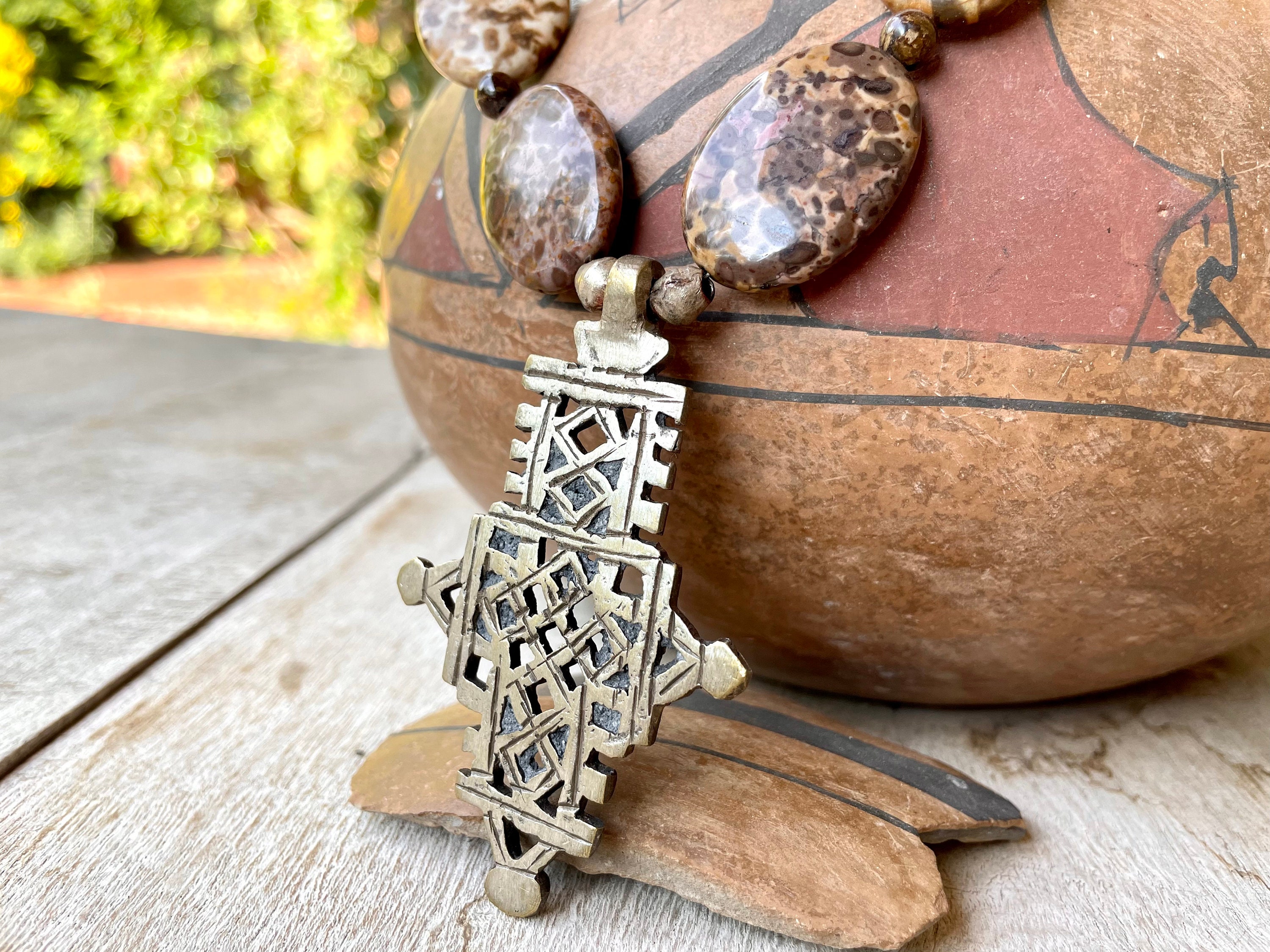 Vintage Ethiopian Coptic Cross Pendant Silver Tone w/ Jasper Beads