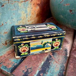 Distressed Vintage Olinala Wood Box with Key Landscape Scenes, Lacquer Folk Art Mexican