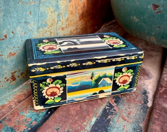 Distressed Vintage Olinala Wood Box with Key Landscape Scenes, Lacquer Folk Art Mexican