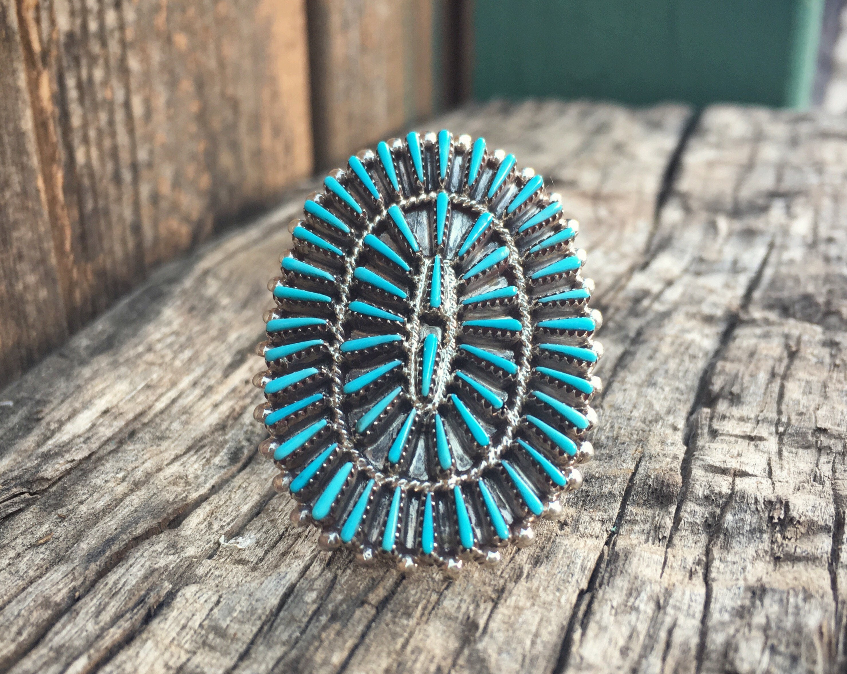 Turquoise Ring Zuni Needlepoint Cluster Ring for Women Size 8.5 Native