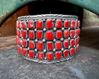 Vintage Coral Cluster Navajo Cuff Bracelet Approx Size 6.75, Native American Indian Jewelry