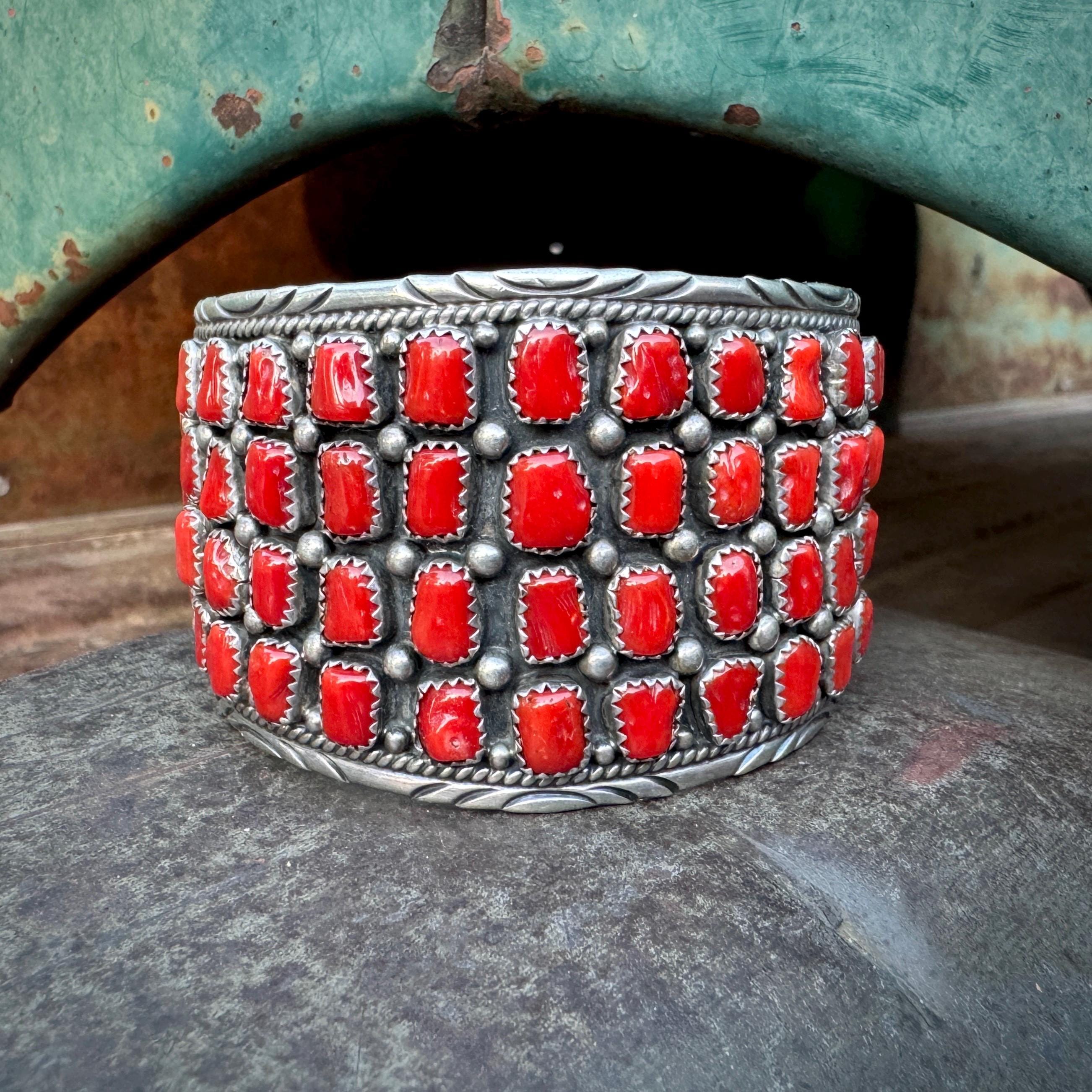 One Of The Best Vintage Native American Navajo Coral Cluster Bracelet Ever Made One Of The Best Vintage Native American Navajo Coral Cluster Bracelet Ever Made