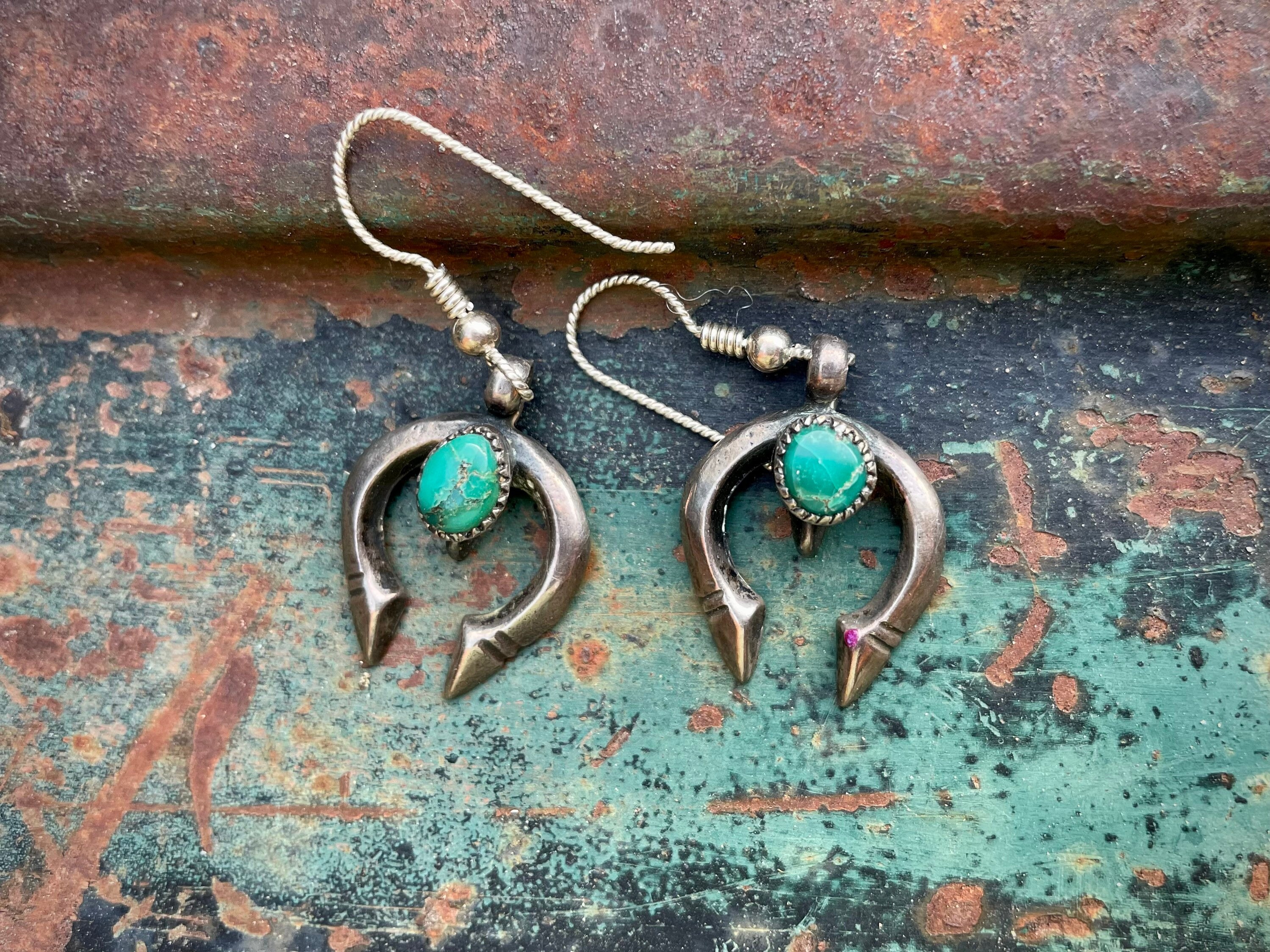 Vintage Very Small Silver Green Turquoise Naja Earrings for Women ...