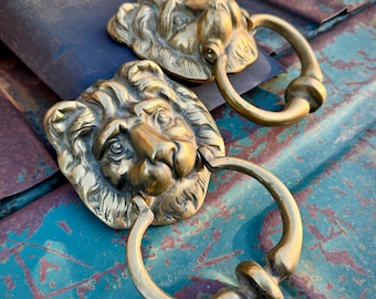 Two Vintage Heavy Cast Brass Lion Door Knocker, Architectural Salvage, Victorian Front Door