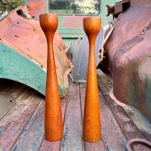Vintage Pair of Midcentury Modern Teak Wood Candle Holders, Ilums Bolighus Made in Denmark