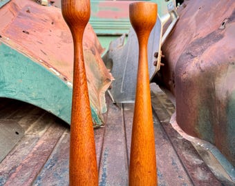 Vintage Pair of Midcentury Modern Teak Wood Candle Holders, Ilums Bolighus Made in Denmark