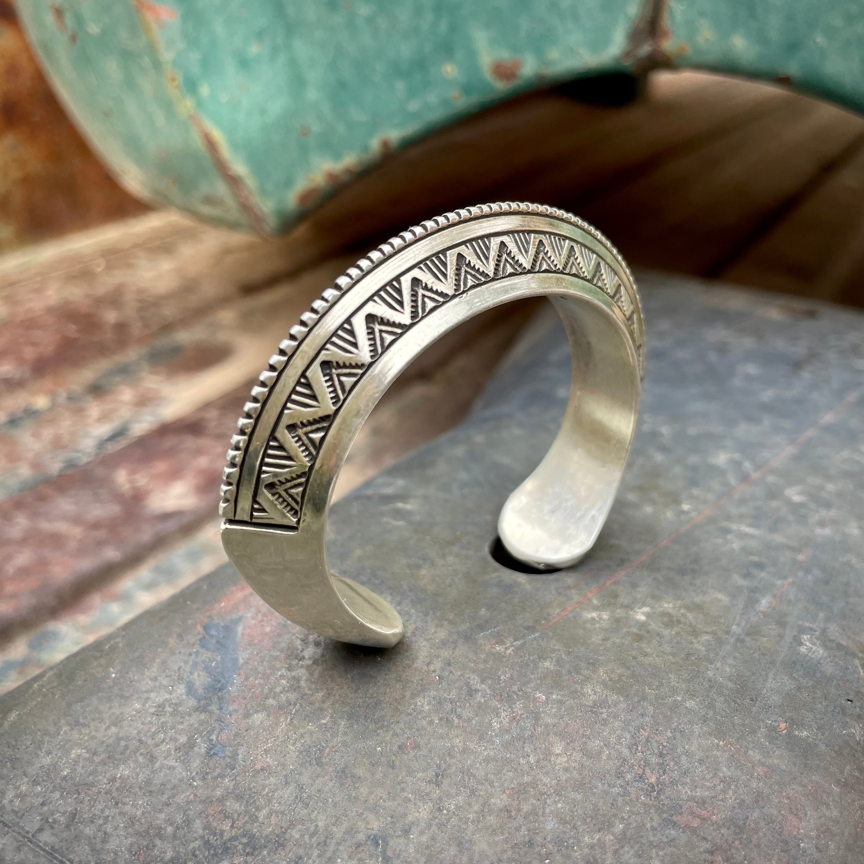 Superb Native American Navajo Signed Sterling Silver Geometric Heavy Bracelet Superb Native American Navajo Signed Sterling Silver Geometric Heavy Bracelet