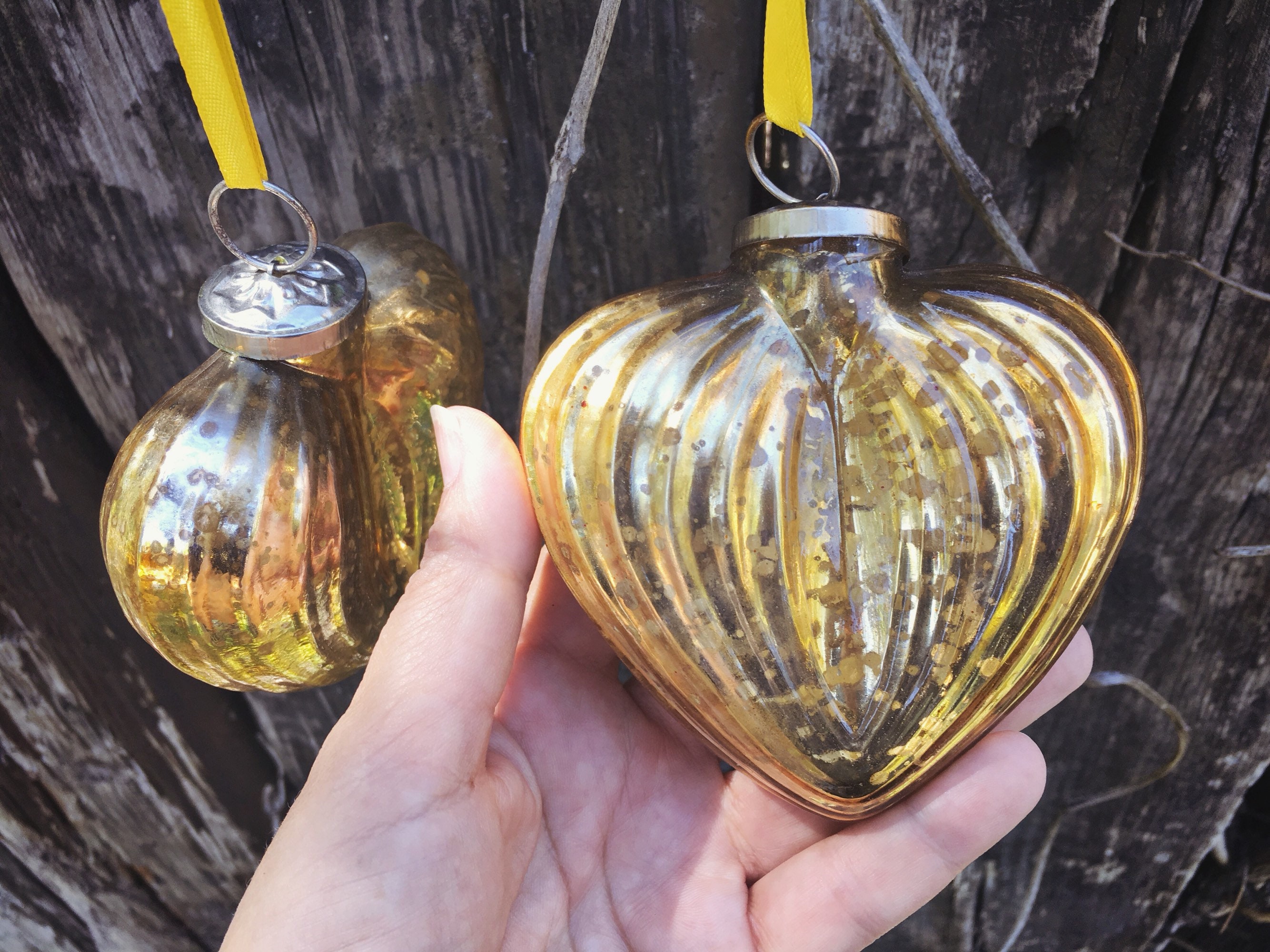 Pair Of Vintage Yellow Gold Mercury Glass Christmas Ornament Kugel