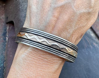 1990s MM Rogers Sterling Silver 14K Gold Cuff Bracelet Approx Size 7, 47g, Navajo Jewelry