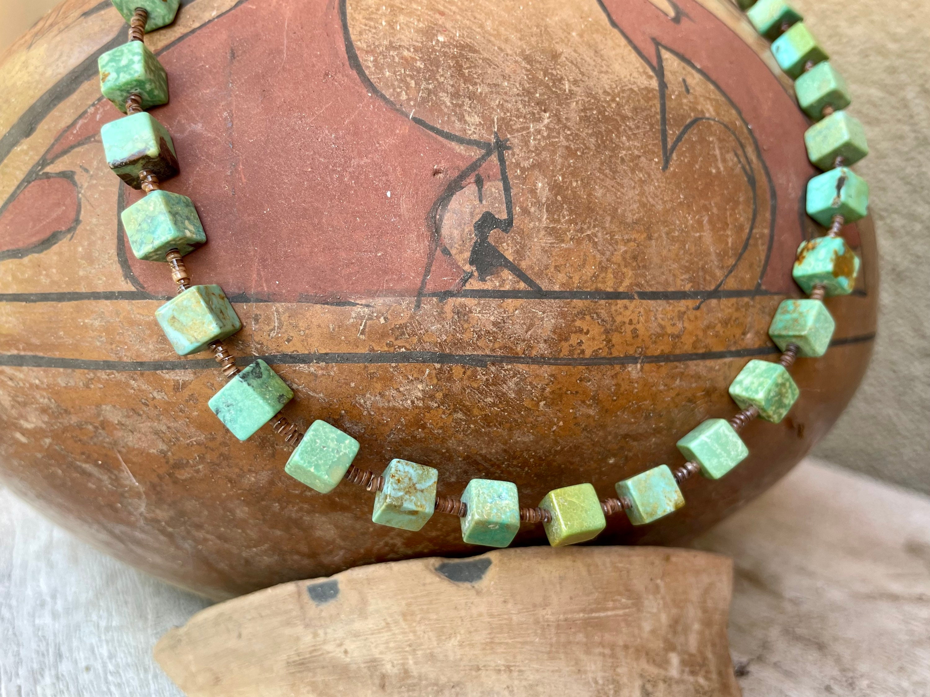 Turquoise Cube Shaped Bead Heishi Necklace Southwestern Native