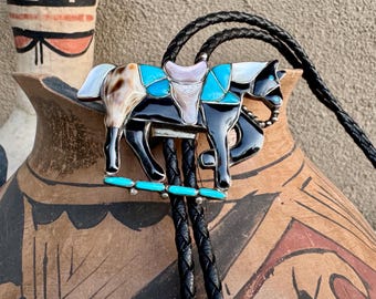 1950s Horse Bolo Tie in Style of Zuni Nora Leekity, Western Tie Shoestring, Cowboy Fashion
