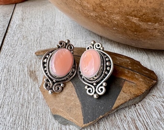 Vintage Sterling Silver Post Earrings Pink Mother of Pearl, Made in Indonesia