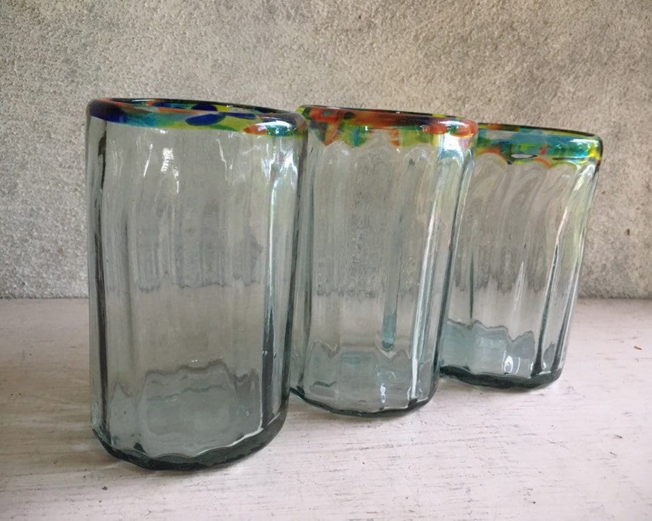 Three Mexican Blown Glass Tumblers Clear with Multi Color Rim, Chunky