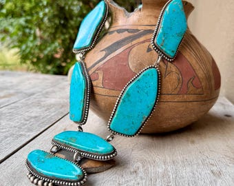 Huge Turquoise Bib Necklace by Navajo LaRose Ganadonegro, Native American Indian Jewelry