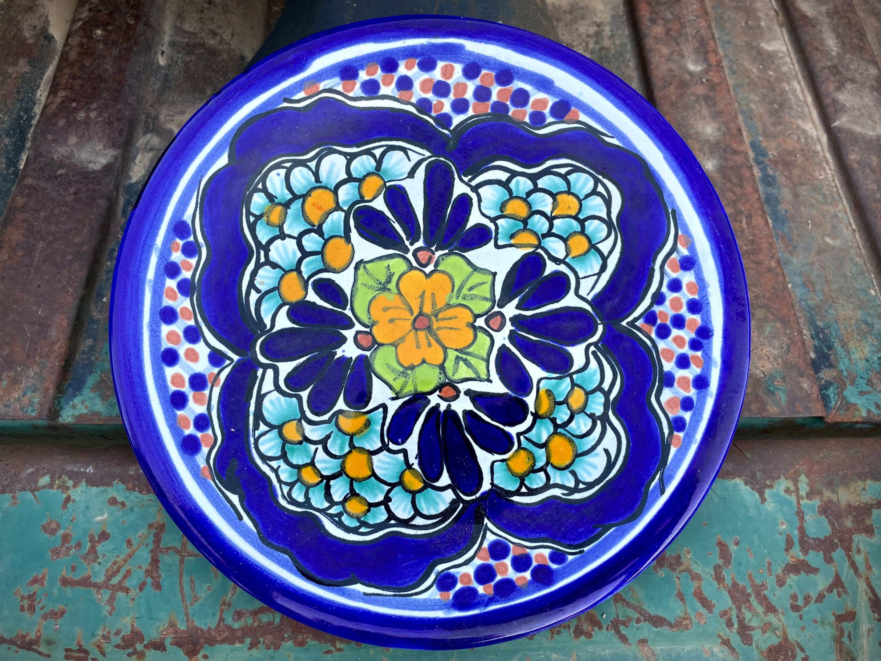 Vintage 10 Mexican Talavera Plate Wall Hanging Yellow Blue, Rustic