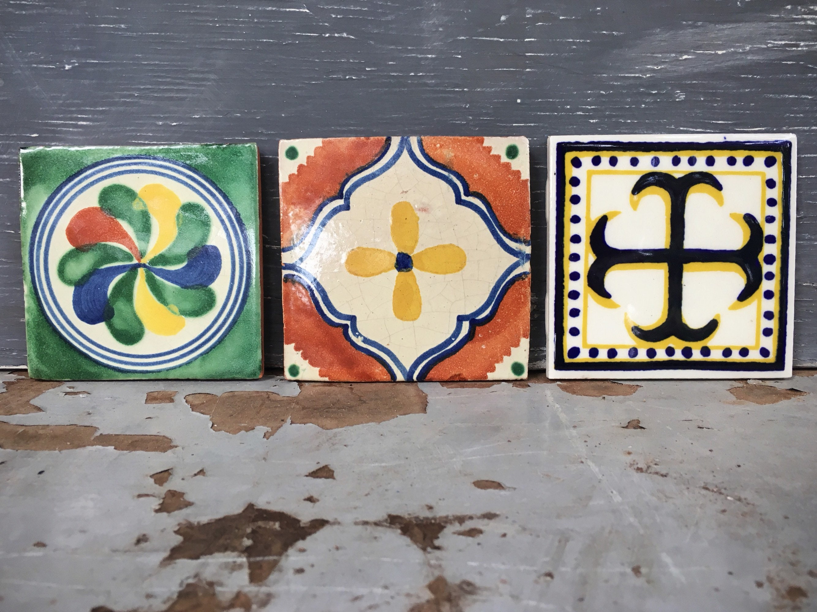 Three Vintage Mexican Ceramic Tiles, Rustic Home Decor, Ceramics and