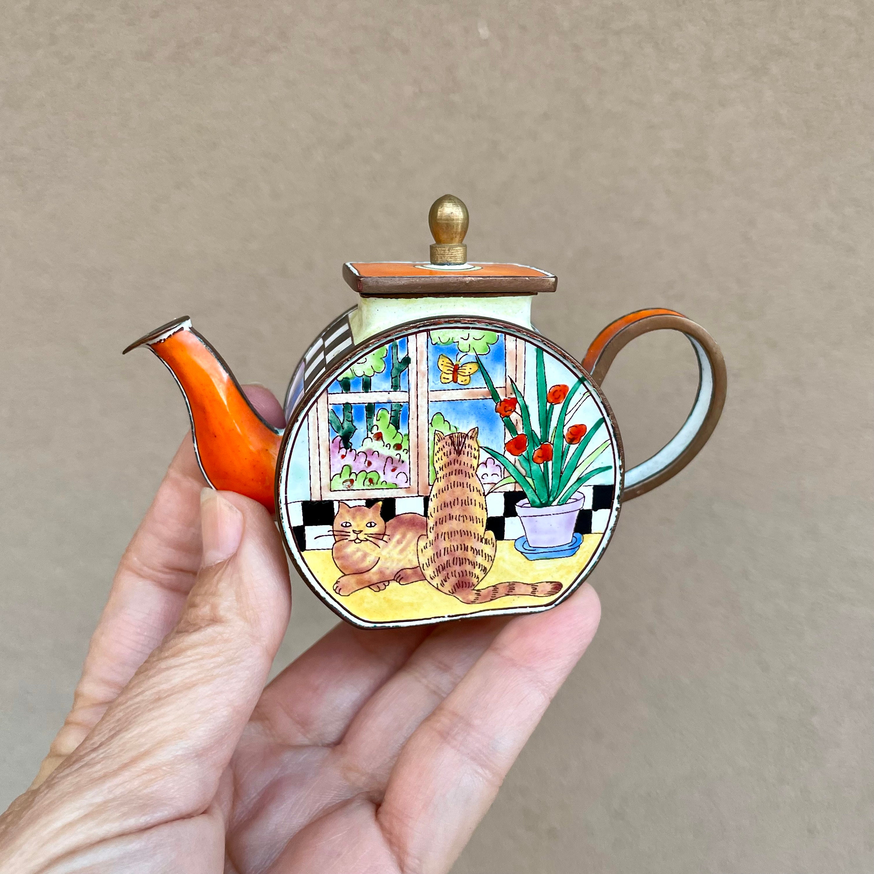 1999 Miniature Kelvin Chen Teapot Cloisonne Cat Design No 174 C Orange Tabby Gift for Kitty Mom