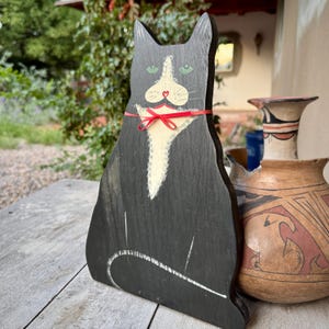 Vintage Black and White Flat Cat Wood Bookend or Doorstop, Cute Kitten Feline Lovers Gift