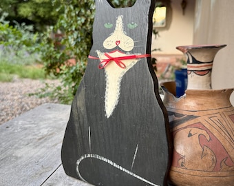 Vintage Black and White Flat Cat Wood Bookend or Doorstop, Cute Kitten Feline Lovers Gift