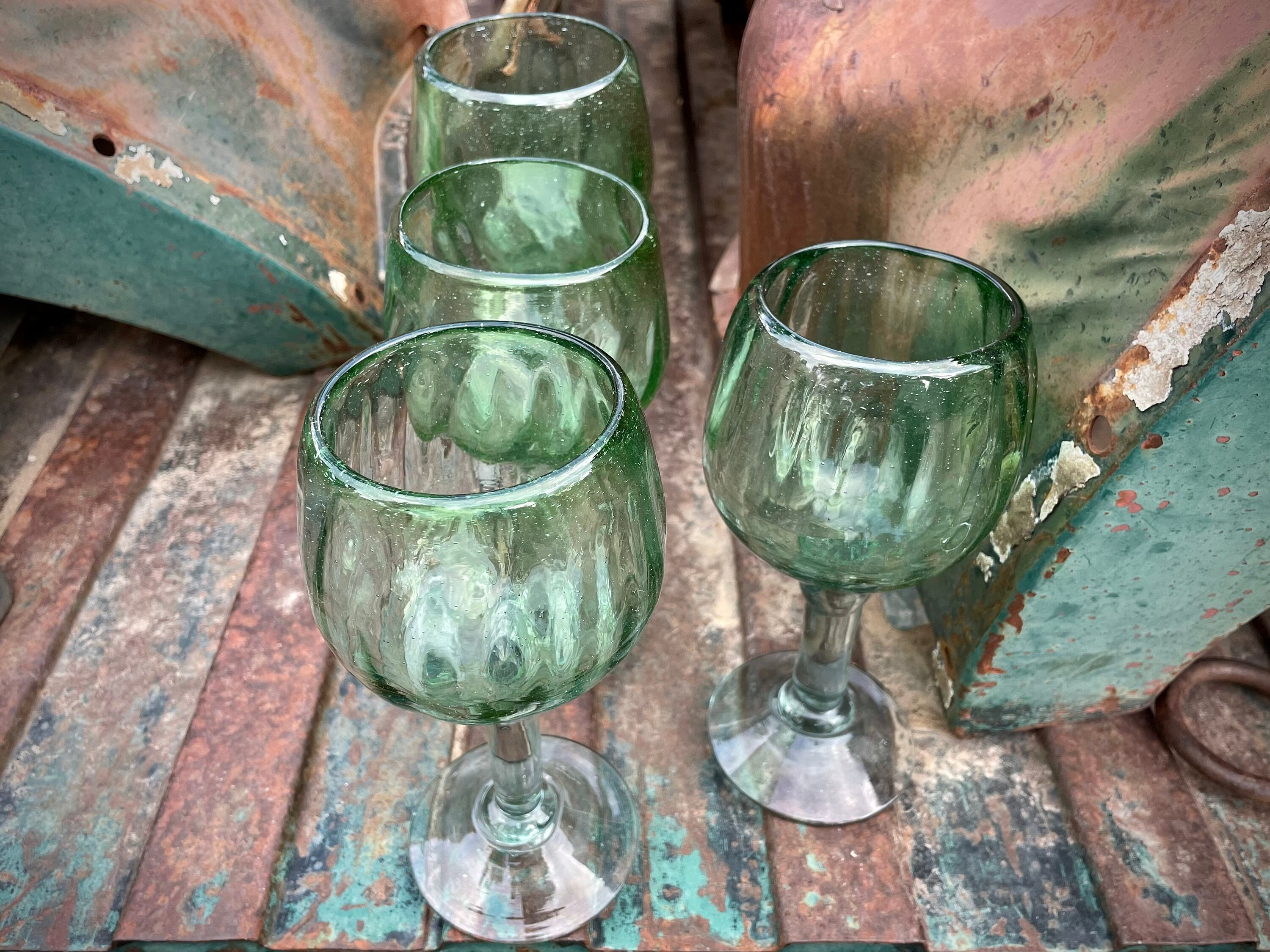 Heavy Hand Blown Mexican Wine Glass 16 oz ~ Green Recycled Glass 8”