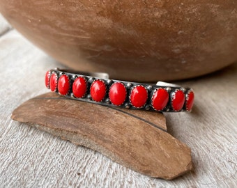 Navajo Spencer 11-Stone Coral Row Bracelet 22g, Vintage Native American Indian Jewelry Unisex , Rodeo Fashion, Ribbon of Red Stacking Cuff