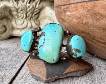 Vintage Three Stone Turquoise Cuff Bracelet Size 6.125, Creamy Pale Blue Stone