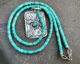 Vintage Turquoise Heishi Necklace 17" w/ Sterling Silver Snake & Arrow Fob Style Pendant
