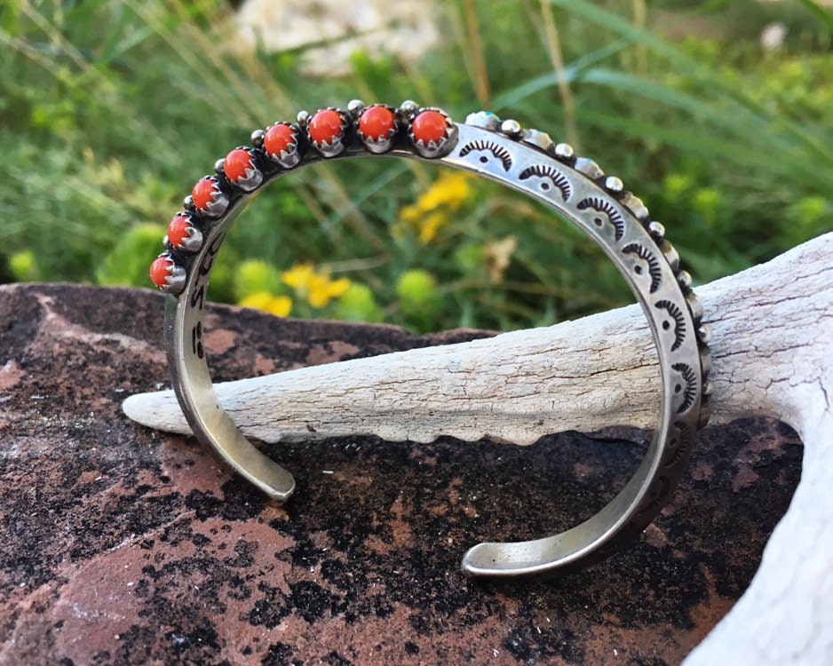 Vintage Carinated Coral and Turquoise Cuff Bracelet, Signed Navajo