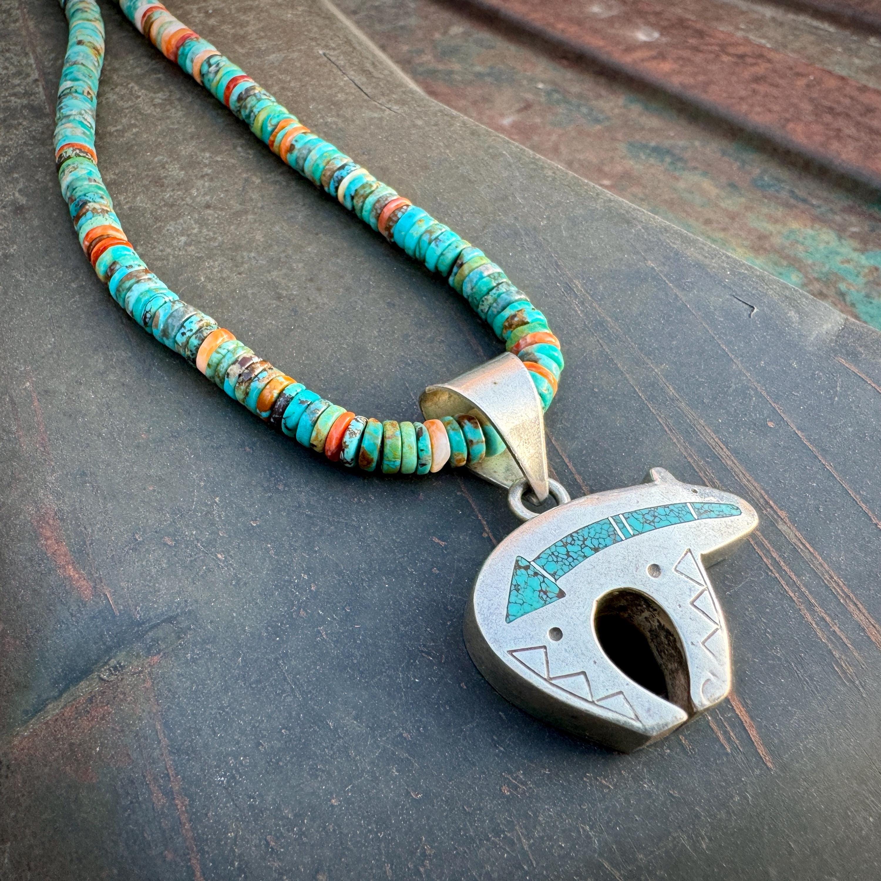 Extremely Detailed Santo Domingo Bear Turquoise Inlay Sterling Silver Necklace Extremely Detailed Santo Domingo Bear Turquoise Inlay Sterling Silver Necklace