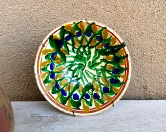 Antique Green Brown Blue Beige Ceramic Folk Art Bowl, Spanish Fajalauza, Rustic Decor