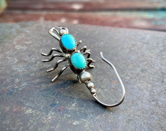 Vintage Sterling Silver Turquoise Scorpion Brooch Pin for Jacket Vest, Native American Jewelry Insect