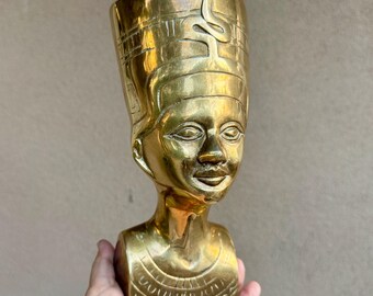 Vintage Nefertiti Brass Bust Figure 9", Ancient Egyptian Queen, Hollywood Regency Decor