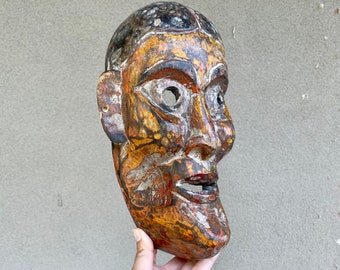 Carved Wooden Mask Man with Long Face Wall Hanging, Ethnic Ethnographic Folk Art, Bohemian Decor