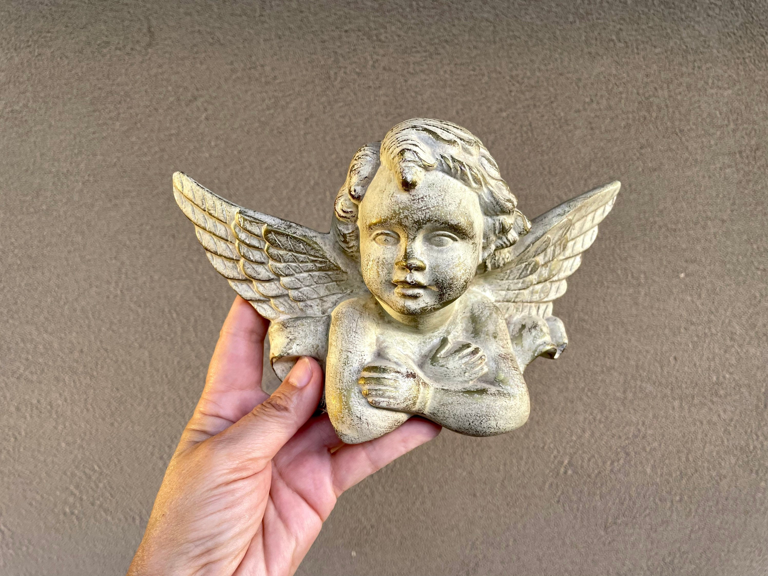 Vintage Resin Angel Wall Hanging Distressed Gold Paint, Faux Wood Look, Cherub Decor Cottage